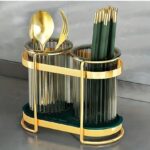 Cuillère double verte en or, cuillère transparente et fourchettes transparentes avec support en métal doré