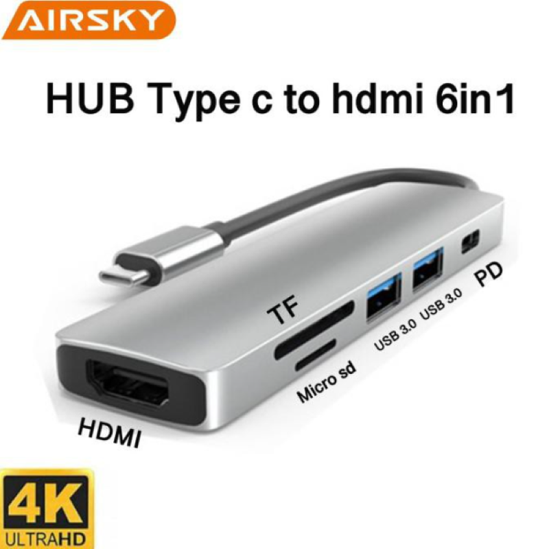 adaptateur-airsky-hc-13-type-c-vers-hdmi-usb-30-micro-sd-pd.png Adaptateur AIRSKY HC-13 (Type-C vers HDMI, USB 3.0, Micro SD, PD) – Image 1
