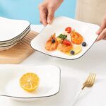 Assiette à dîner en porcelaine à bord de ligne noire et blanche, assiettes de service d'hôtel de Restaurant sfv