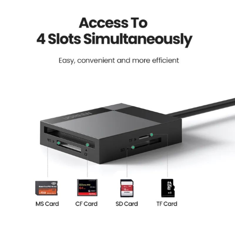 ugreen-lecteur-de-carte-4-en-1-micro-sd-tf-cf-ms.jpg UGREEN - Lecteur de Carte 4-en-1 (Micro SD TF CF MS) – Image 1